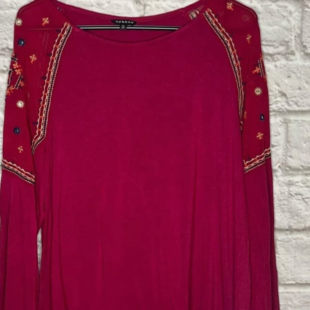 Hannah Size Medium Long Sleeve Shirt Top Embroidery On Sleeves